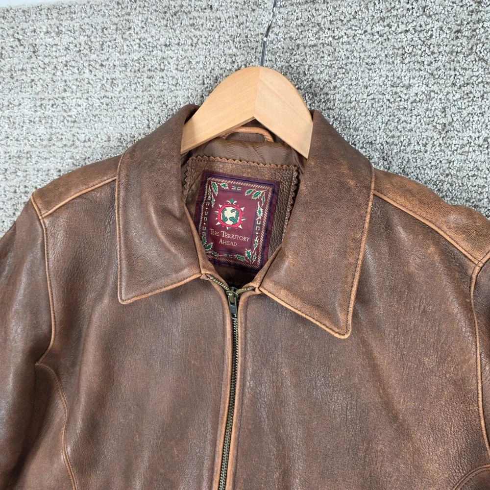 The Territory Ahead Mens Brown Distressed Leather Full Zip Bomber Jacket Large